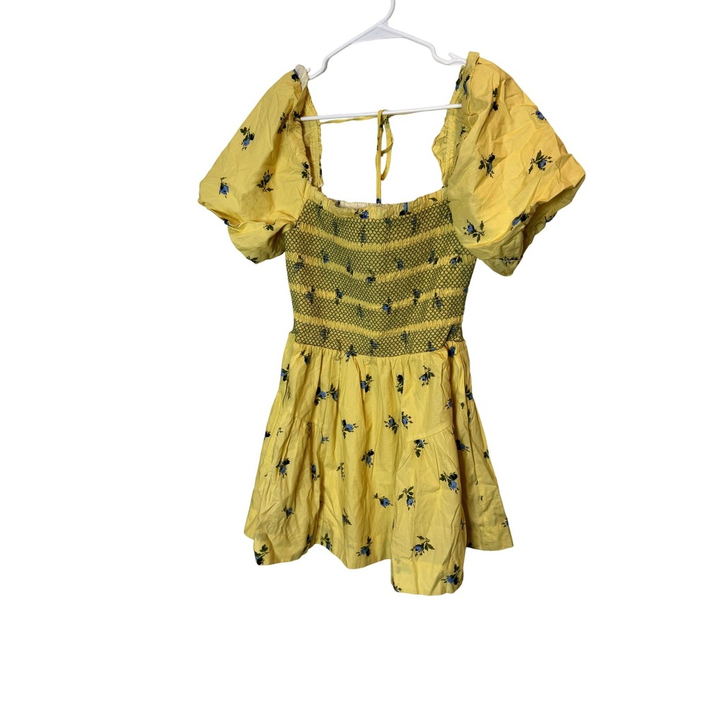 Anthropologie Dress Womens Small Yellow Floral Smocked Puff Sleeve‎ Mini